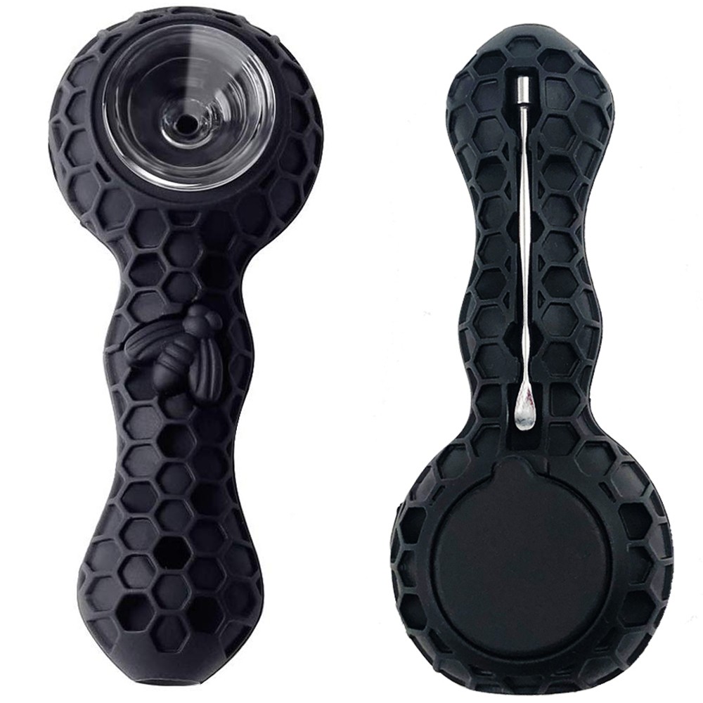Black Unbreakable Honeycomb Silicone Straw with Clean Cover and Decorative Bowl Inside Black Black